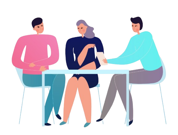 Illustration de trois personne autours d'une table entrain de discuter